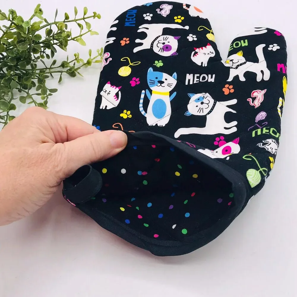 Oven Mitt: Colorful Cats Meow on Black Baking Mitt Gift Cottage